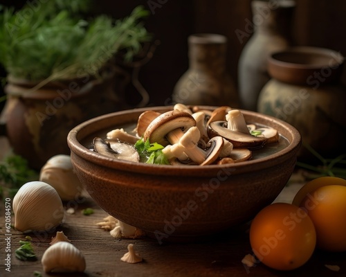 Matelote in a rustic earthenware bowl, highlighting the fish, onions, and mushrooms