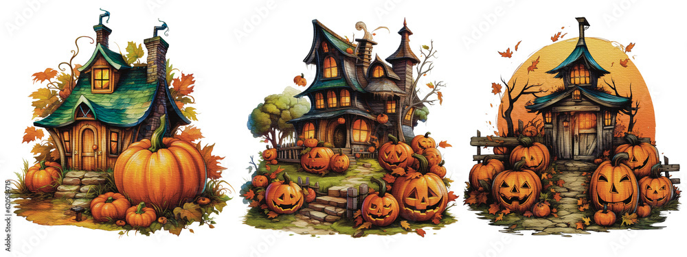 Set of fantasy watercolor happy Halloween Haunted house clipart. isolated with transparent background illustration Set of fantasy watercolor happy Halloween Haunted house clipart. isolated with transparent background illustration