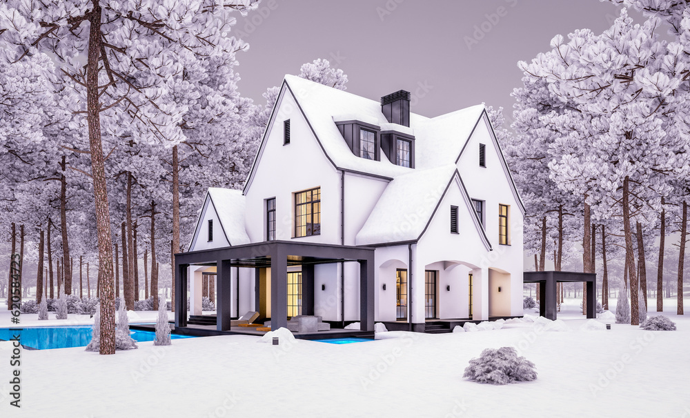 3d rendering of cute cozy white and black modern Tudor style house with parking and pool for sale or rent with beautiful landscaping. Cool winter evening with cozy light from windows 3d rendering of cute cozy white and black modern Tudor style house with parking and pool for sale or rent with beautiful landscaping. Cool winter evening with cozy light from windows