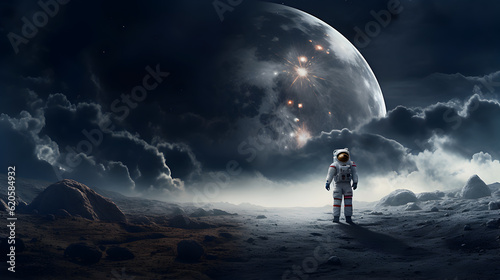 Spaceman or astronaut on the surface of moon. AI generated.