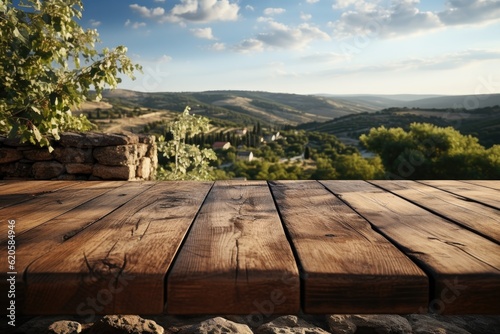 Wallpaper Mural A Wooden Tabletop Against Backdrop Of Picturesque Winery Blank Surface