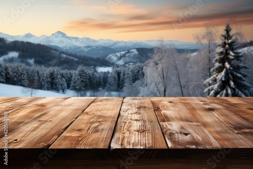 A Wooden Tabletop Against Backdrop Of Snowy Winter Landscape Blank Surface. Generative AI