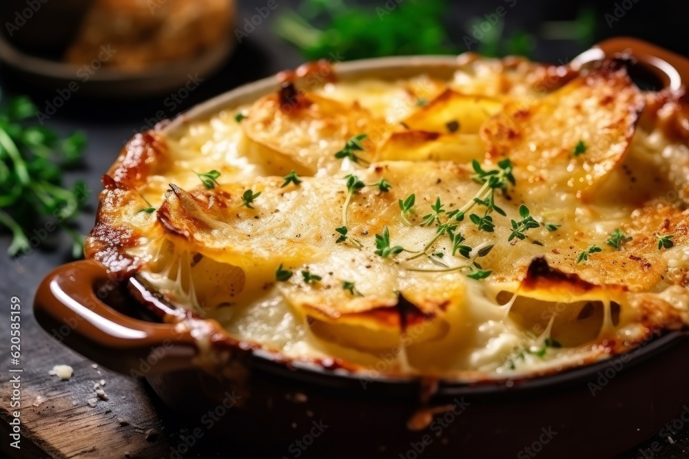 Gratin Dauphinois with golden crust and creamy layers in a rustic ceramic dish Gratin Dauphinois with golden crust and creamy layers in a rustic ceramic dish