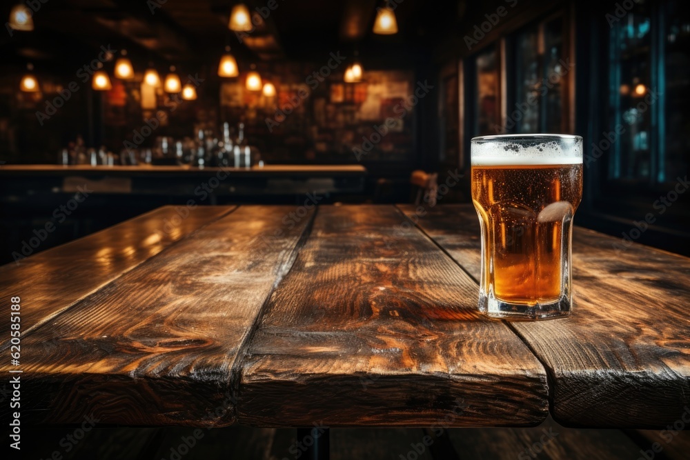 A Wooden Tabletop With Glass Of Beer Against Backdrop Of Vintage Pub Blank Surface. Generative AI