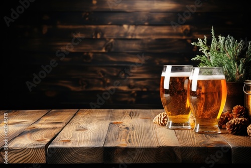 A Wooden Tabletop With Glass Of Beer Backdrop Of Modern Brewery Taproom Blank Surface. Generative AI