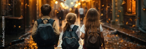 Backs Schoolchildren With Schoolbag Running To School. Generative AI