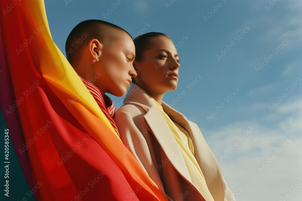 two friends/models/lgbtq+ non binary couple standing in nature with ...