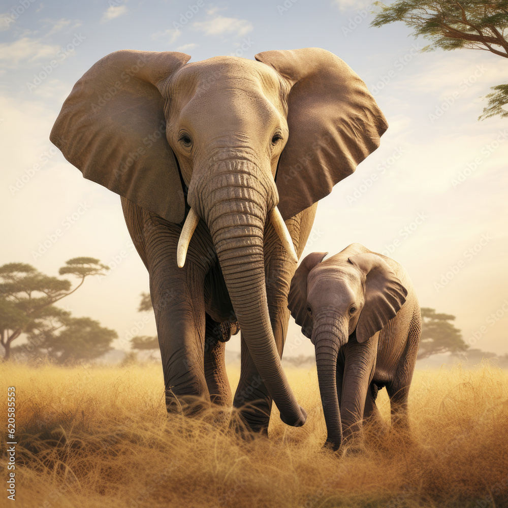 Obraz premium Elephant with her baby