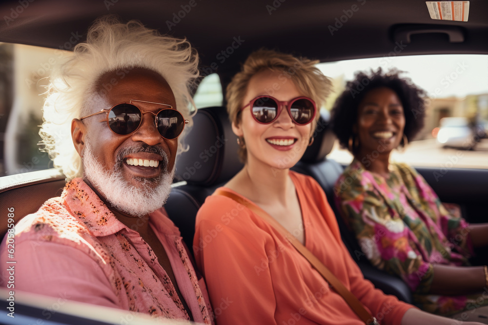 Obraz premium Generative ai best friends male and female enjoying traveling by car