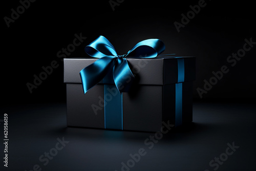 Black gift box with dark blue bow on black background. Generative AI