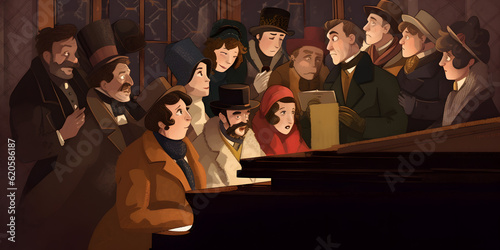 A group of carolers gathered around a piano singing holid two generative AI