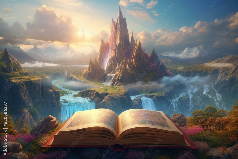 Colorful mountainous fantasy backdrop, featuring sky and cloud in a ...