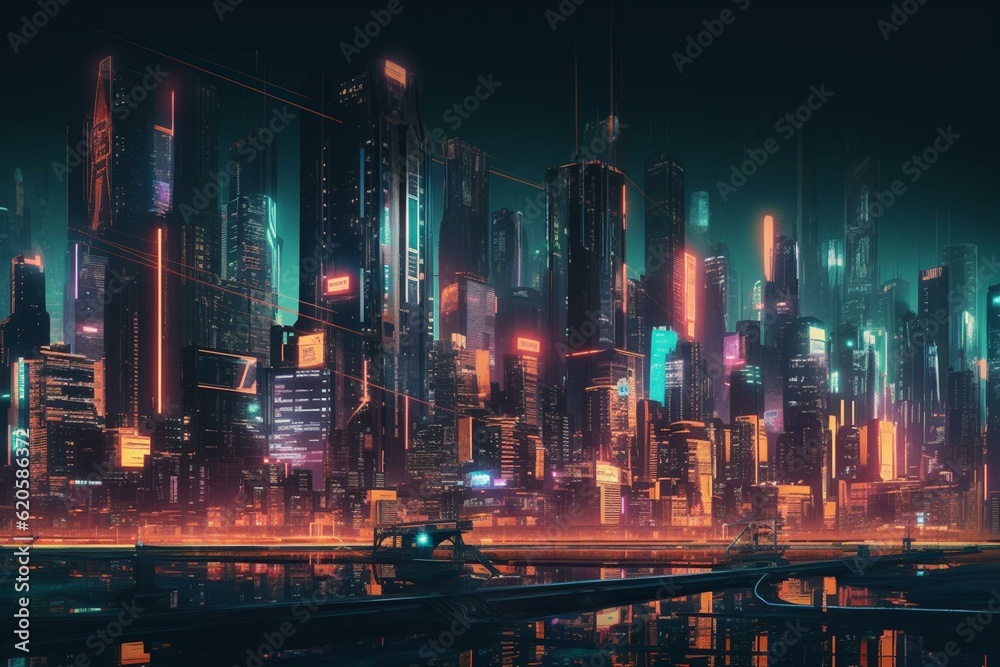 Neon-lit skyline of retrofuture metropolis. Generative AI