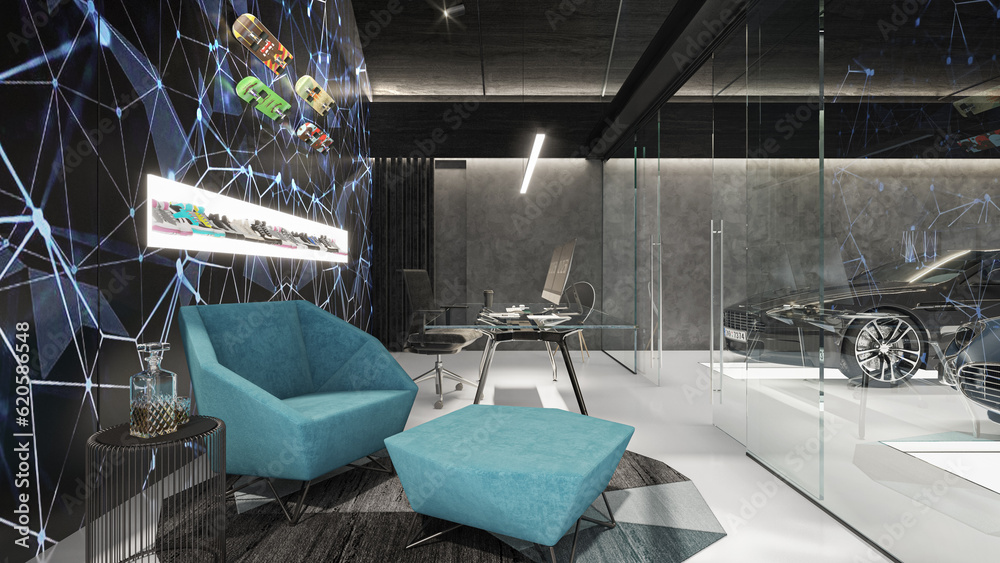 Interior of a modern garage with office working place Interior of a modern garage with office working place