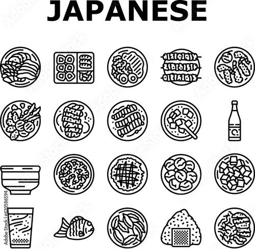 japanese food asian meal icons set vector. traditional japan, sushi asia, cuisine healthy, delicious gourmet, fish restaurant japanese food asian meal black contour illustrations