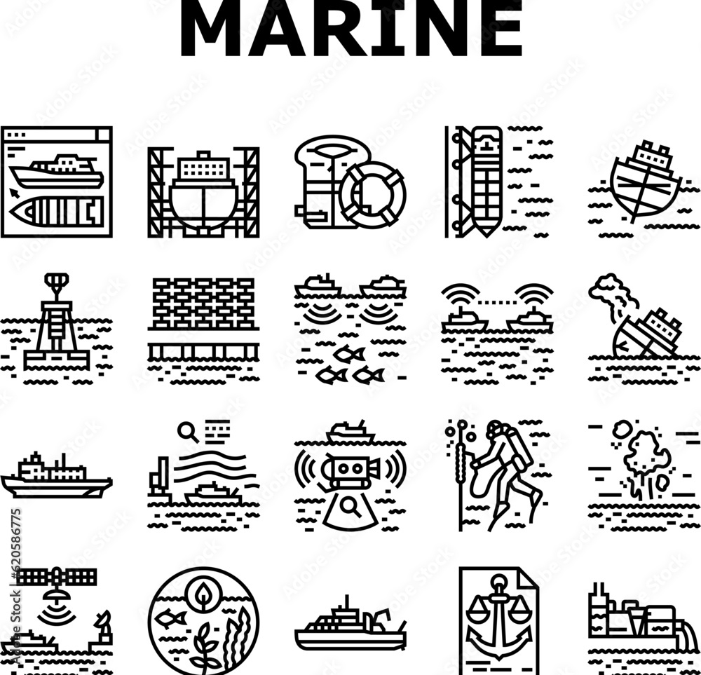 marine engineer boat mechanic icons set vector. industry nautical, ship shipping, vessel engine, machinery maritime, male worker marineengineer boat mechanic black contour illustrations