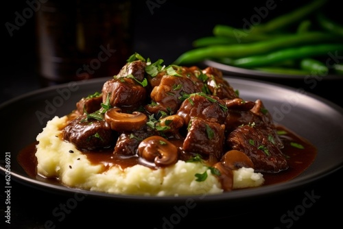 Beef Bourguignon with mashed potatoes and a side of green beans