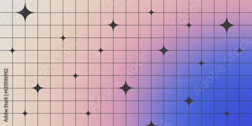 Y2K aesthetic blurred gradient background with linear grid and star shapes. Fluid holographic cool banner template. Trendy minimalist vector design for banner, social media, covers in brutalism style