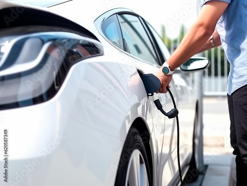 Close-up of person charging electric car. Generative AI