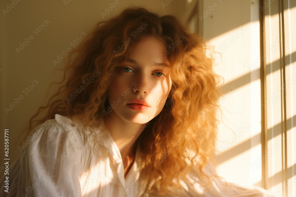Fototapeta premium portrait of a woman/model/book character standing by a window in warm daylight with a thoughtful/sad expression in a fashion/beauty editorial magazine style film photography look - generative ai art