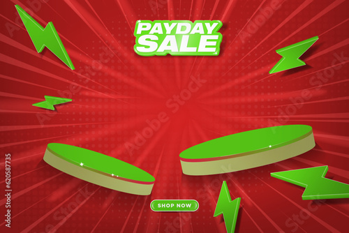 Payday Sale Shopping Banner with 3d Payday Sale Word design and two cylinder product platforms, shop now button, cute thunder flash icons. Vector Illustration. EPS 10.