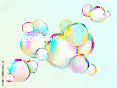Light iridescent circle. Colorful glass balls on white background. 3D vector geometric shapes.