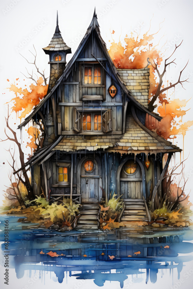 A watercolor painting of a house in the woods. Generative AI. Spooky Halloween haunted house.