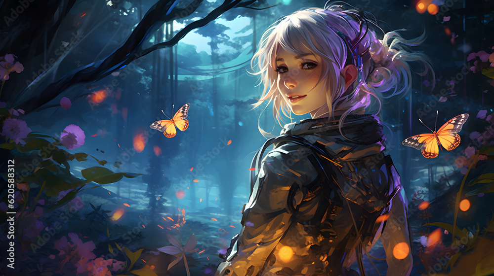 Serenity in Bloom: Anime Girl Amidst Flowers and Butterflies