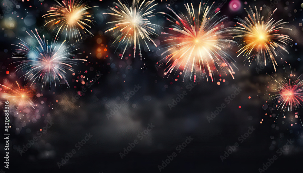 Fototapeta premium Happy New Year fireworks background with copy space