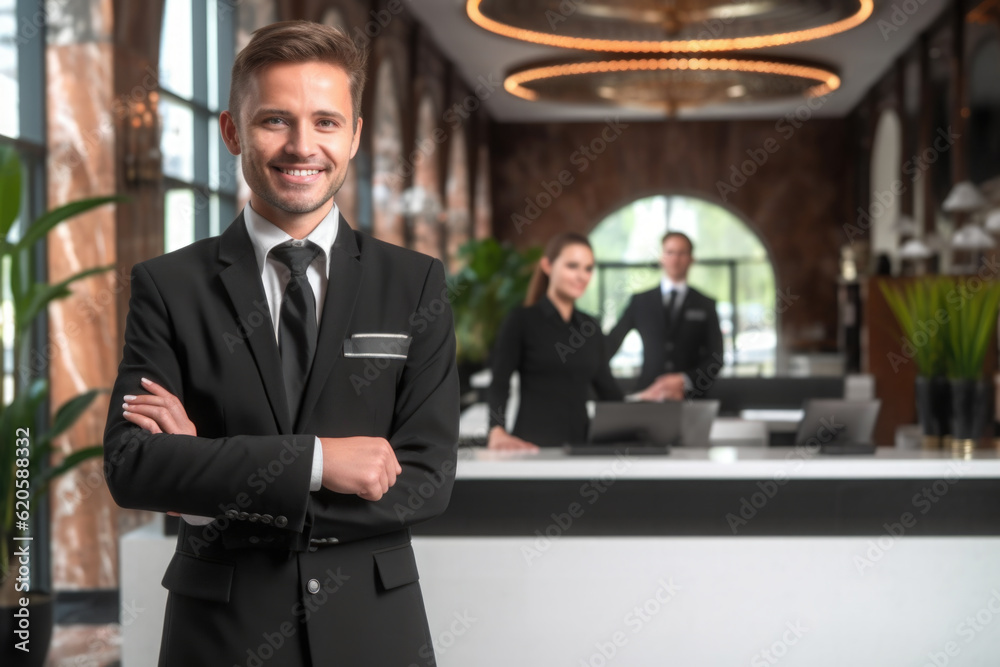 Elegant male hotel manager, receptionist welcomes guests in lobby of luxury hotel. Generative AI. Elegant male hotel manager, receptionist welcomes guests in lobby of luxury hotel. Generative AI.