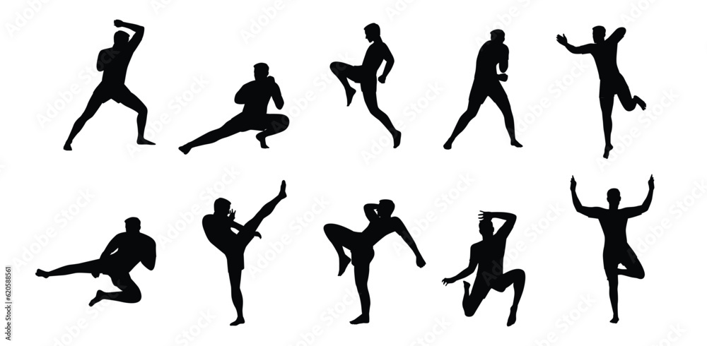 Set of Muay Thai character in different poses. Martial arts fighter. Flat vector illustration isolated on white background