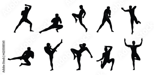 Set of Muay Thai character in different poses. Martial arts fighter. Flat vector illustration isolated on white background