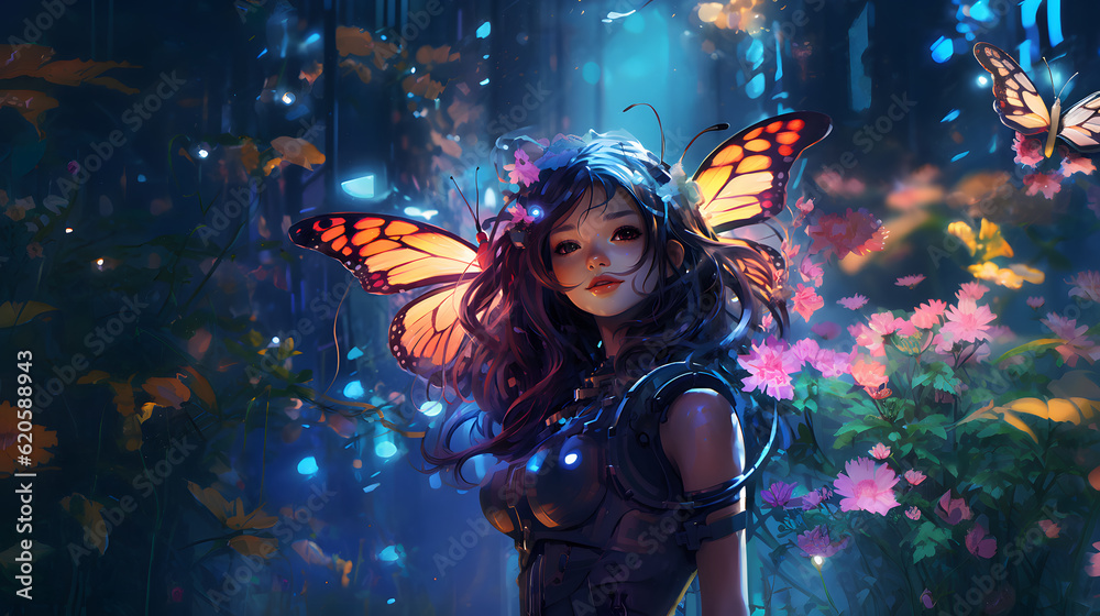 Serenity in Bloom: Anime Girl Amidst Flowers and Butterflies Serenity in Bloom: Anime Girl Amidst Flowers and Butterflies