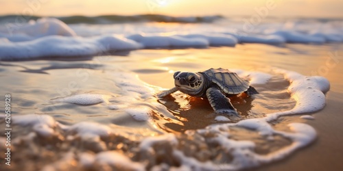 a small newly born turtle crawls towards the sea on the shore along the sand 