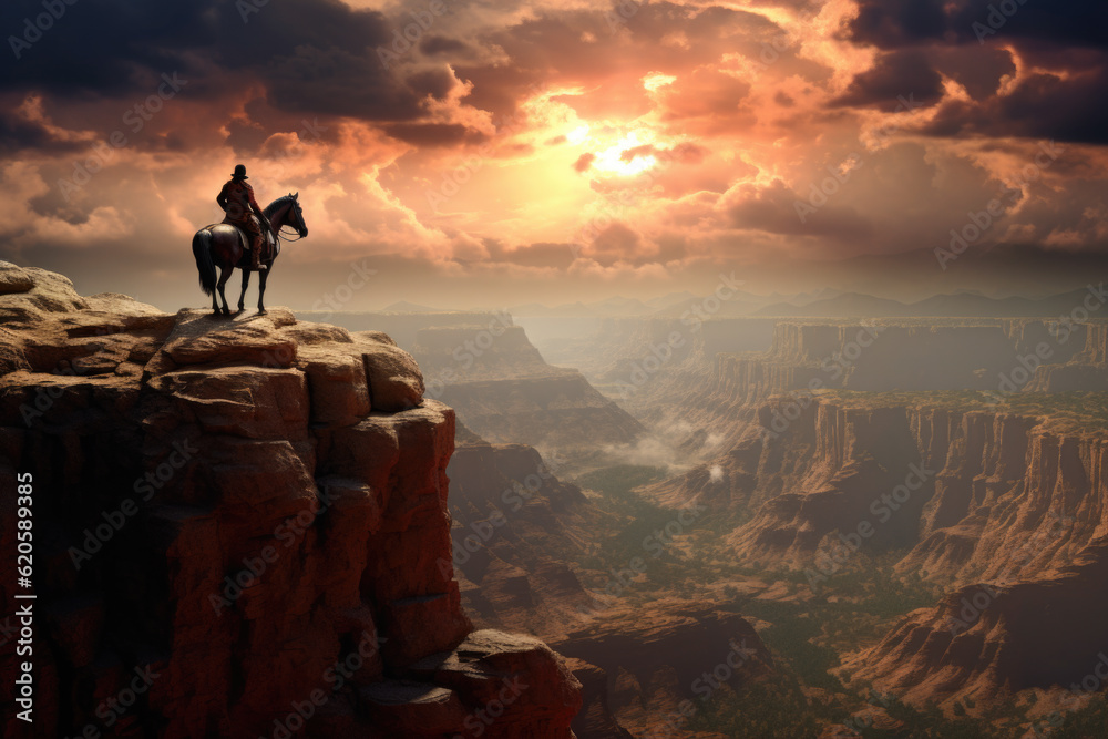 A man riding a horse on top of a cliff. Generative AI.
