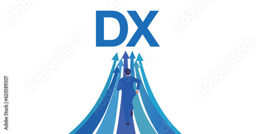DXの文字と走る後ろ姿の男性と矢印のイラスト、dxイメージ、ベクター