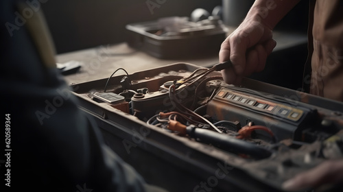 A mechanic checking a car battery with a multimeter Hyper two generative AI