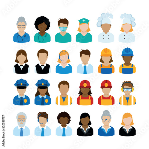 Different professions and jobs icons set in flat style. Professional man and woman occupation icon set vector isolated on a white background. Male and female worker collection