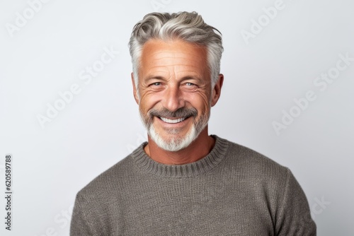 Portrait of a smiling senior man with grey hair against white background
