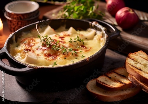 A tasty Tartiflette beautifully plated with garnish and a side of crusty bread