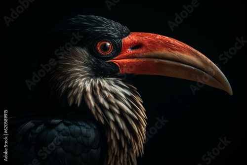 A bird with a red beak called hornbill. Generative AI © Landon