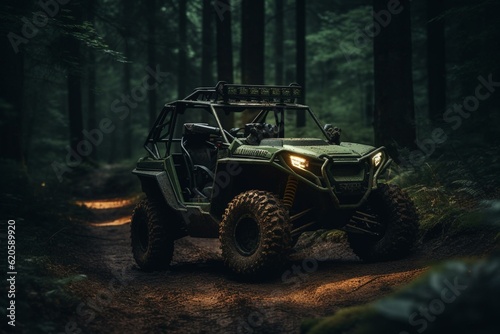 A small green all-terrain vehicle drives through a forest on a dark background. Generative AI