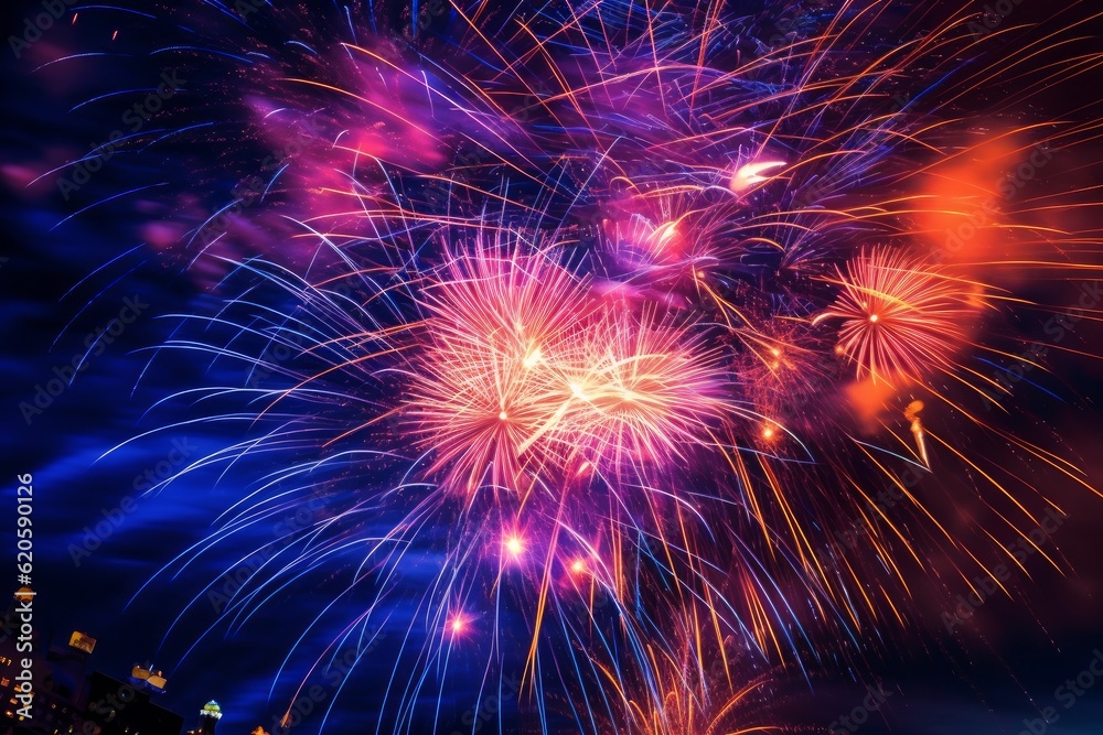 Illustration of a vibrant and dynamic fireworks display lighting up the night sky, created using generative AI Illustration of a vibrant and dynamic fireworks display lighting up the night sky, created using generative AI