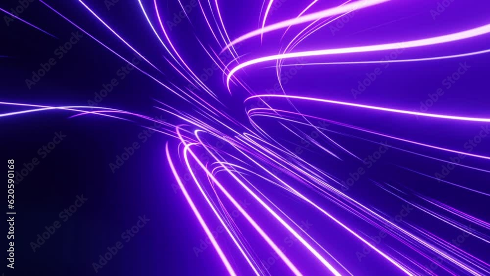 This abstract motion graphics shows the movement of bright glowing neon lines on a dark background. This abstract background will decorate your projects.
