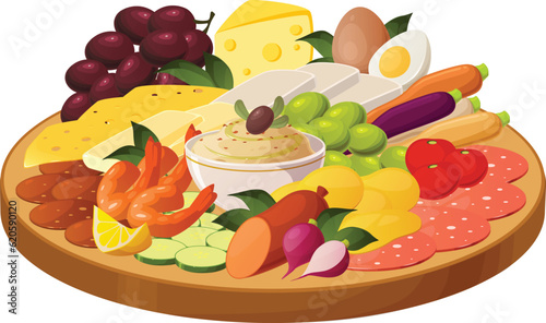 Cute vector illustration of various food items for a cheeseboard or charcuterie board with cheese, salami and fruit.