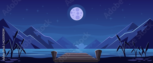 Night seascape with mountains on horizon, full moon and stars in sky. Nature landscape of lake or ocean coastline with rocks at midnight. Cartoon vector illustration