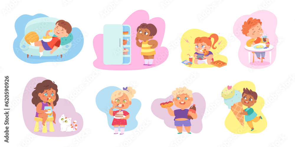 Unhealthy eating habits of overweight children set, hungry boys girls eat fat fast food Unhealthy eating habits of overweight children set, hungry boys girls eat fat fast food
