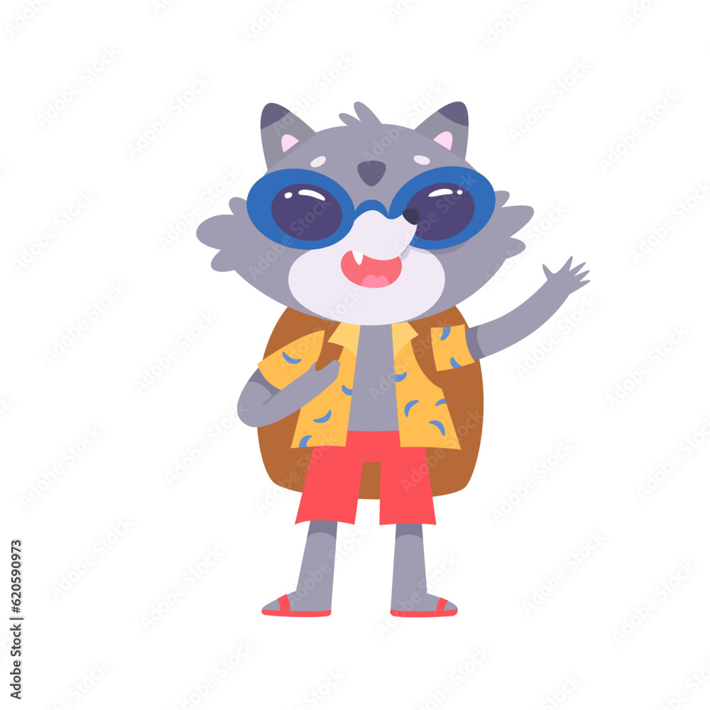Cute raccoon tourist travels, baby animal character with sunglasses and backpack