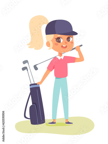 Young golfer with bag and golf clubs, small cheerful girl in hat playing sport game