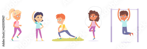 Kids athletes training set, girl running, stretching or jumping rope, boy doing pull ups